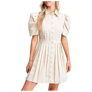 En Saison Pleated Poplin Button Up Mini Dress Nude Cream Size Small